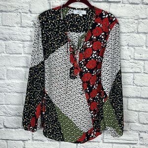 Libby Edelman Mixed Patchwork Floral Lace Up Front Long Sleeve Blouse Size Large